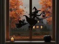 Flying Witch Wall Art – Laser Cut Birch Plywood Halloween Silhouette with Cat
