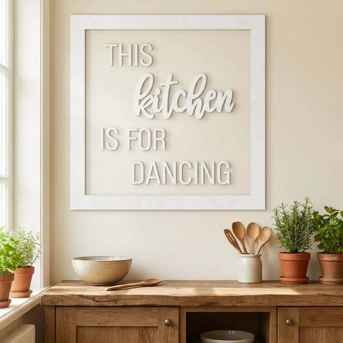 Plywood lettering with frame - This kitchen is for dancing