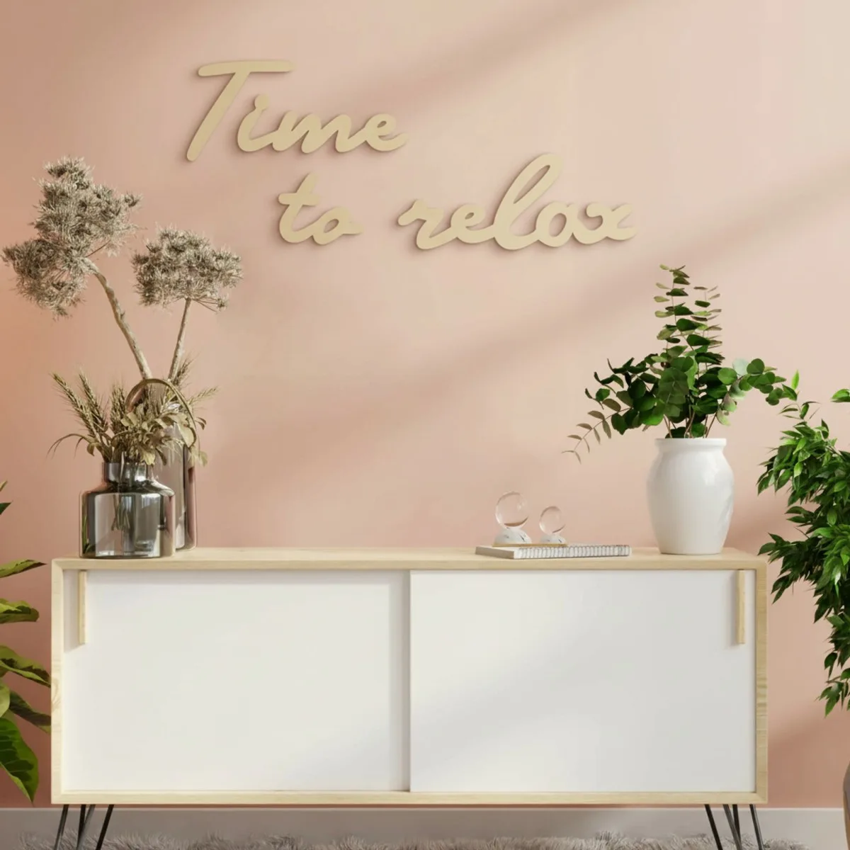 Holzschriftzug „Time to relax“ aus Birken-Sperrholz
