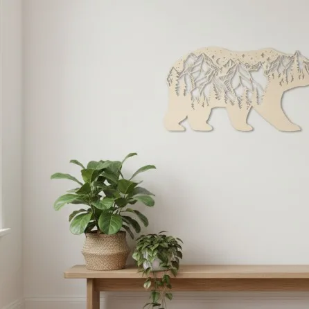 Décoration murale Ours en bois avec montagnes sous les étoiles