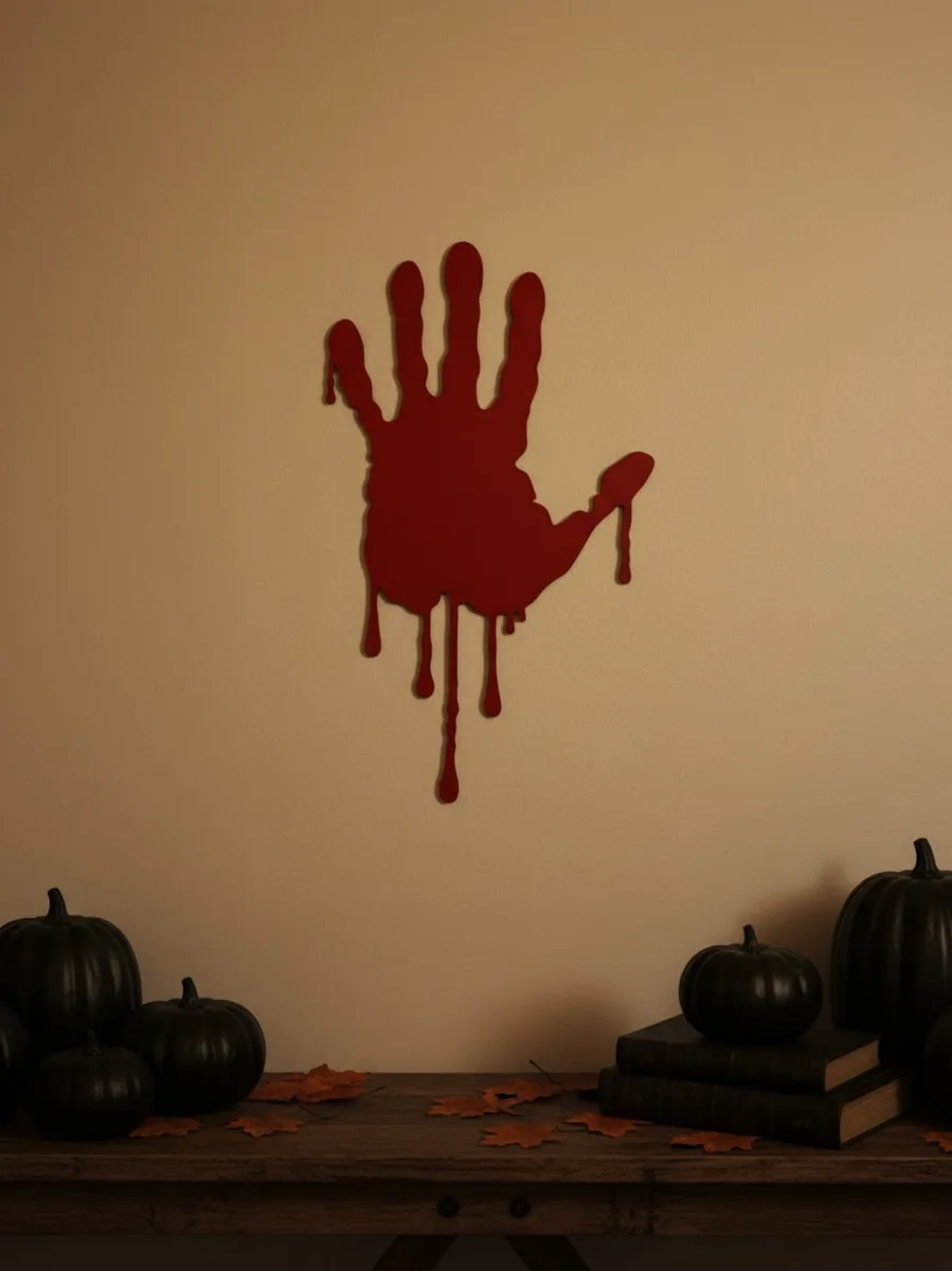 Bloody Handprint Wall Art – Halloween Bleeding Hand with Drips – Birch Plywood