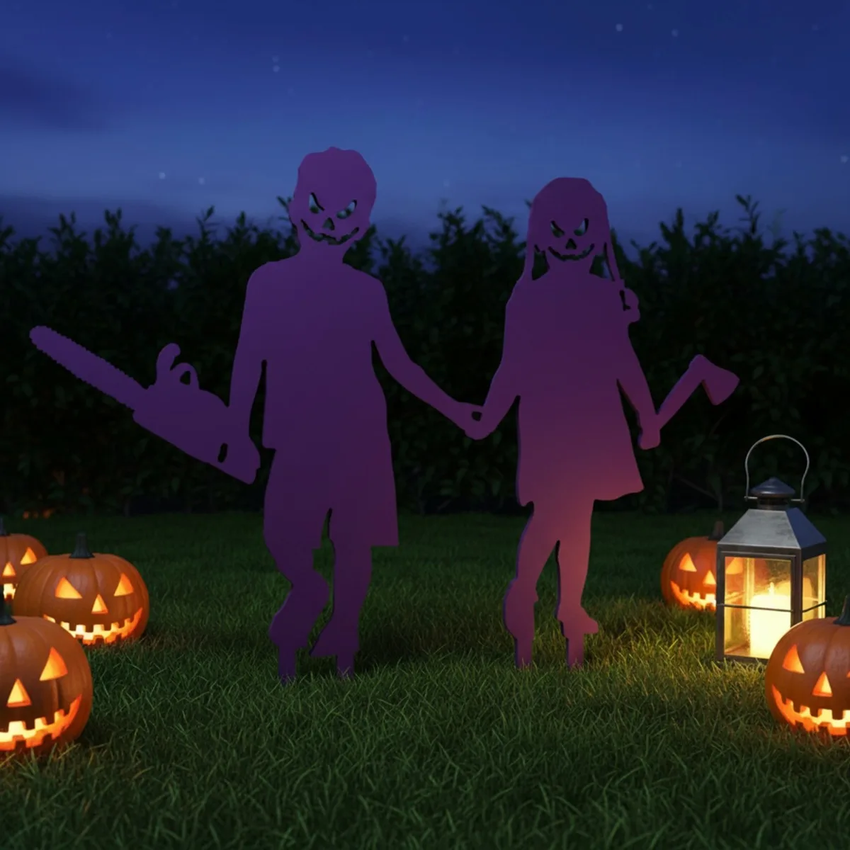 Creepy Couple Halloween Yard Stakes – Boy with Chainsaw & Girl with Axe