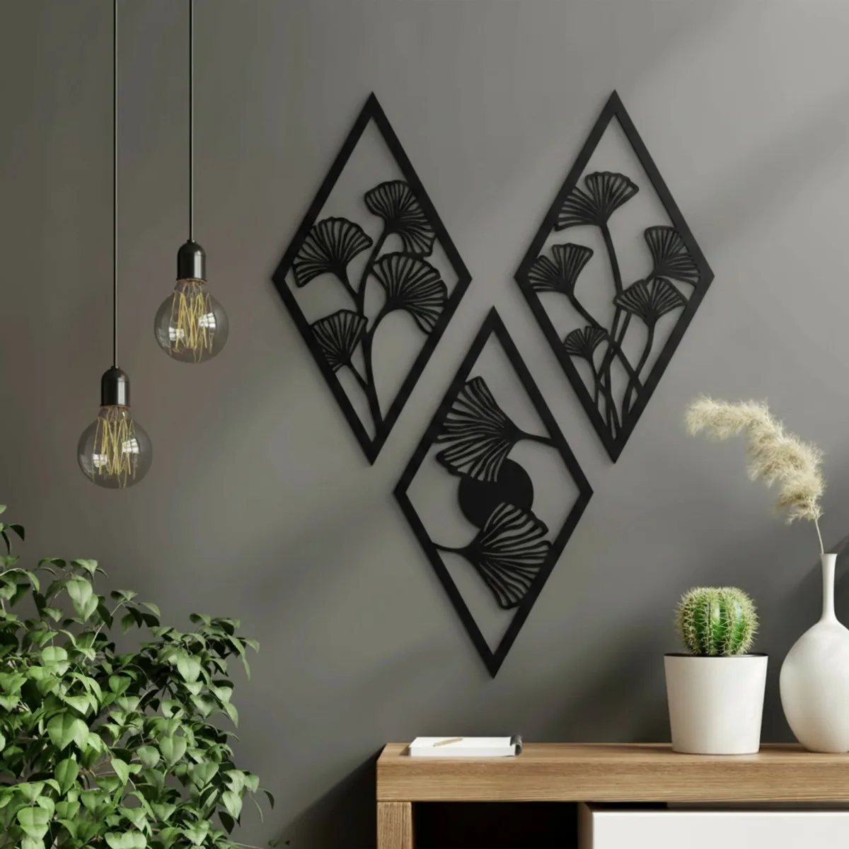 Birch Plywood Wall Decor – Ginkgo Leaf Diamond Set (3 pieces)