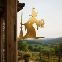 Witch with Broom & Lantern Garden Sign – Halloween Plywood Silhouette 60 cm