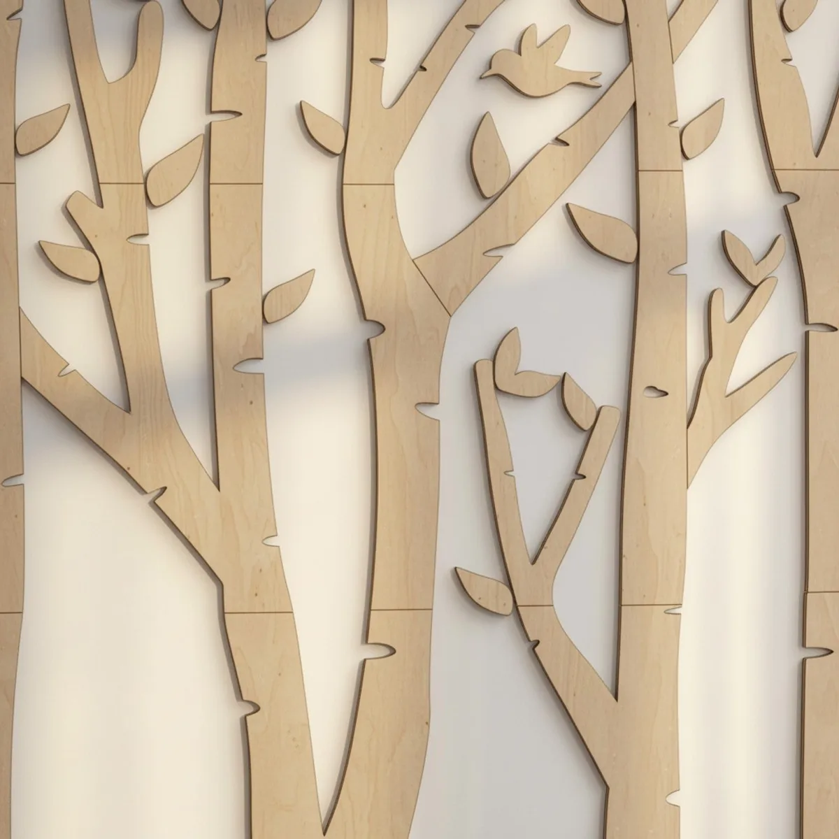 Plywood Wall Decor – Birch Forest with Birds, 120×140 cm