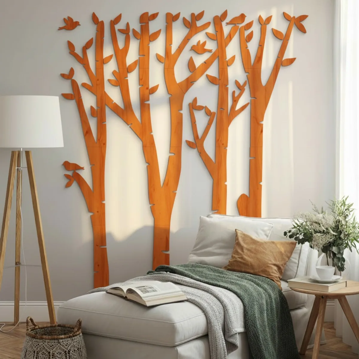 Plywood Wall Decor – Birch Forest with Birds, 120×140 cm