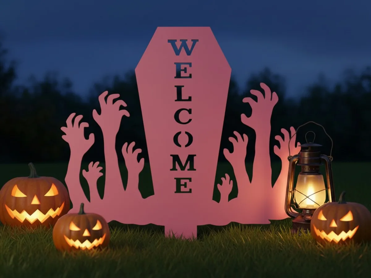 Pancarte Welcome Halloween pour jardin – cercueil avec mains de zombie 60×75 cm