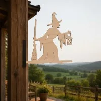Witch with Broom & Lantern Garden Sign – Halloween Plywood Silhouette 60 cm