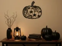 Pumpkin Spider Web Wall Art – Jack-o’-Lantern Filled with Cobwebs and Spiders – Birch Plywood