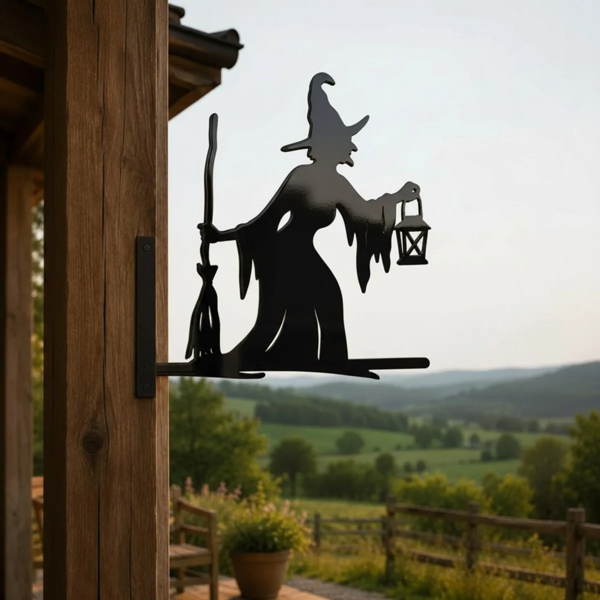 Witch with Broom & Lantern Garden Sign – Halloween Plywood Silhouette 60 cm