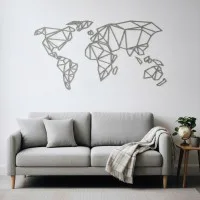 Origami World Map Plywood Wall Decor – Geometric Wireframe Map 100x50 cm