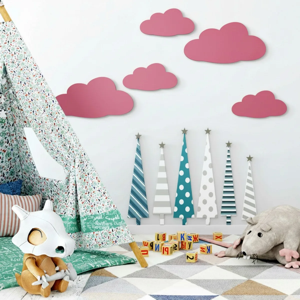 Wanddeko Wolken-Set (5-teilig) – Birken-Sperrholz