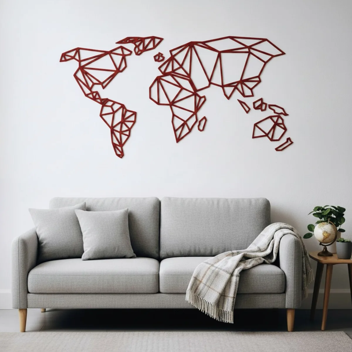 Origami World Map Plywood Wall Decor – Geometric Wireframe Map 100x50 cm