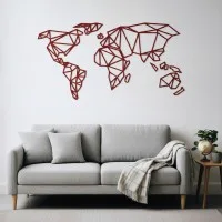 Origami World Map Plywood Wall Decor – Geometric Wireframe Map 100x50 cm