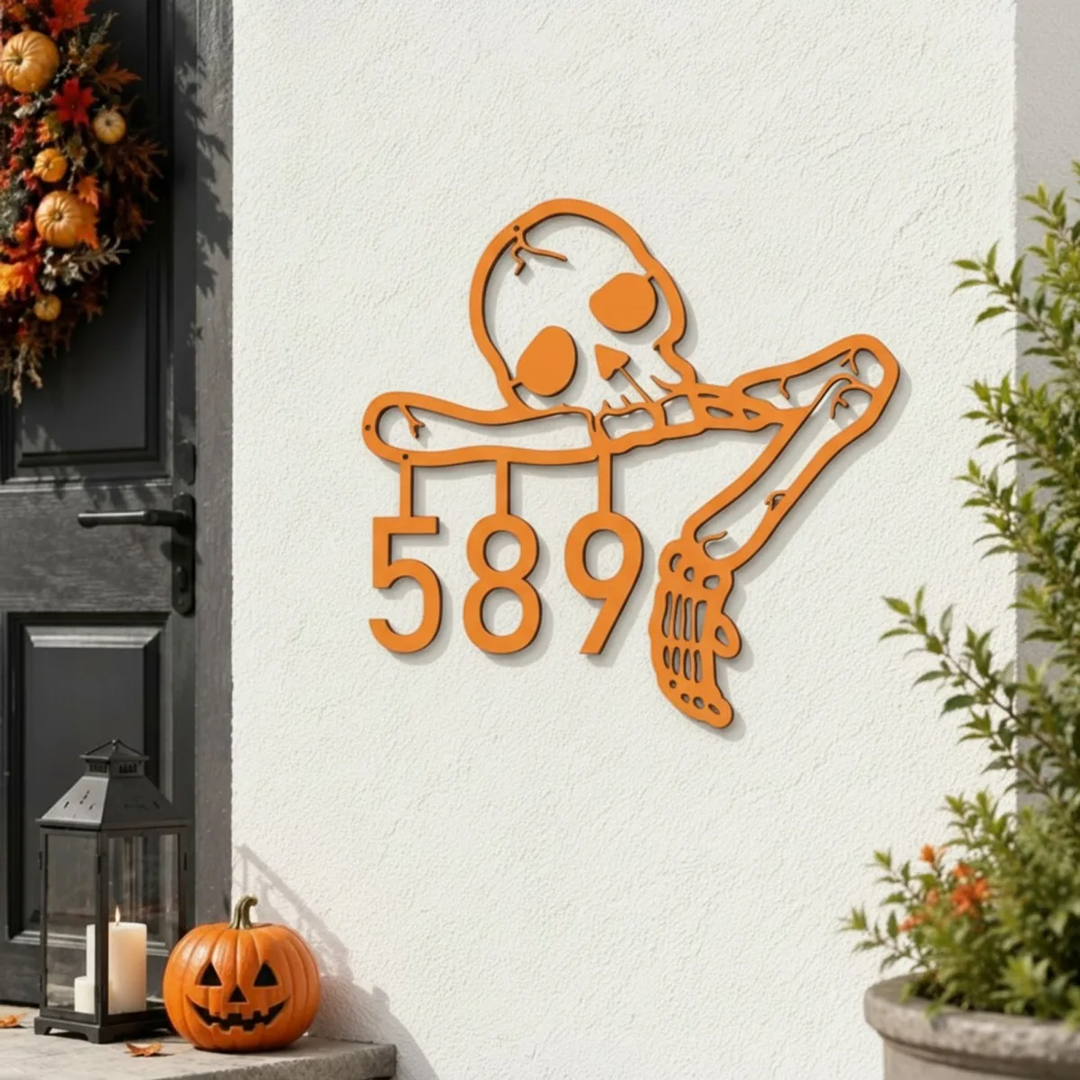 Halloween Skeleton House Number Sign – Custom Address Numbers, Skull & Bone