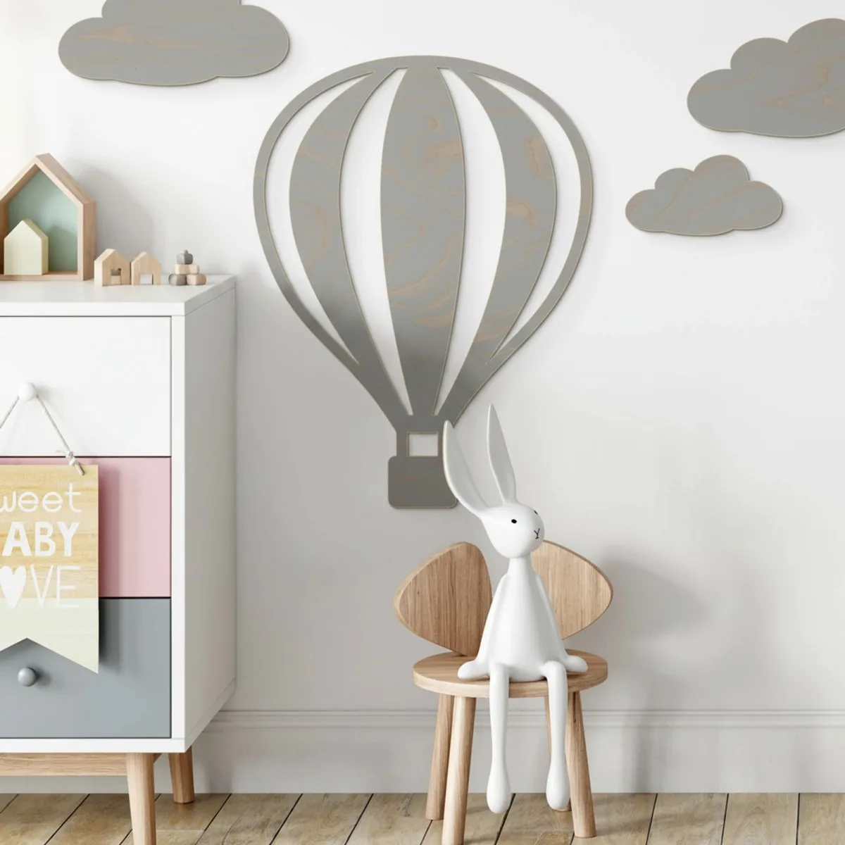 Birch Plywood Wall Decor - Hot Air Balloon with Vertical Lines