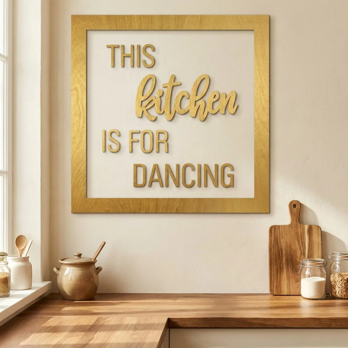 Plywood lettering with frame - This kitchen is for dancing