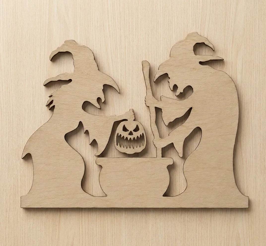 Wooden Panel Witches at Cauldron