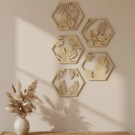 Tropical Hexagon Wall Decor, Set of 5 (Natural MDF)