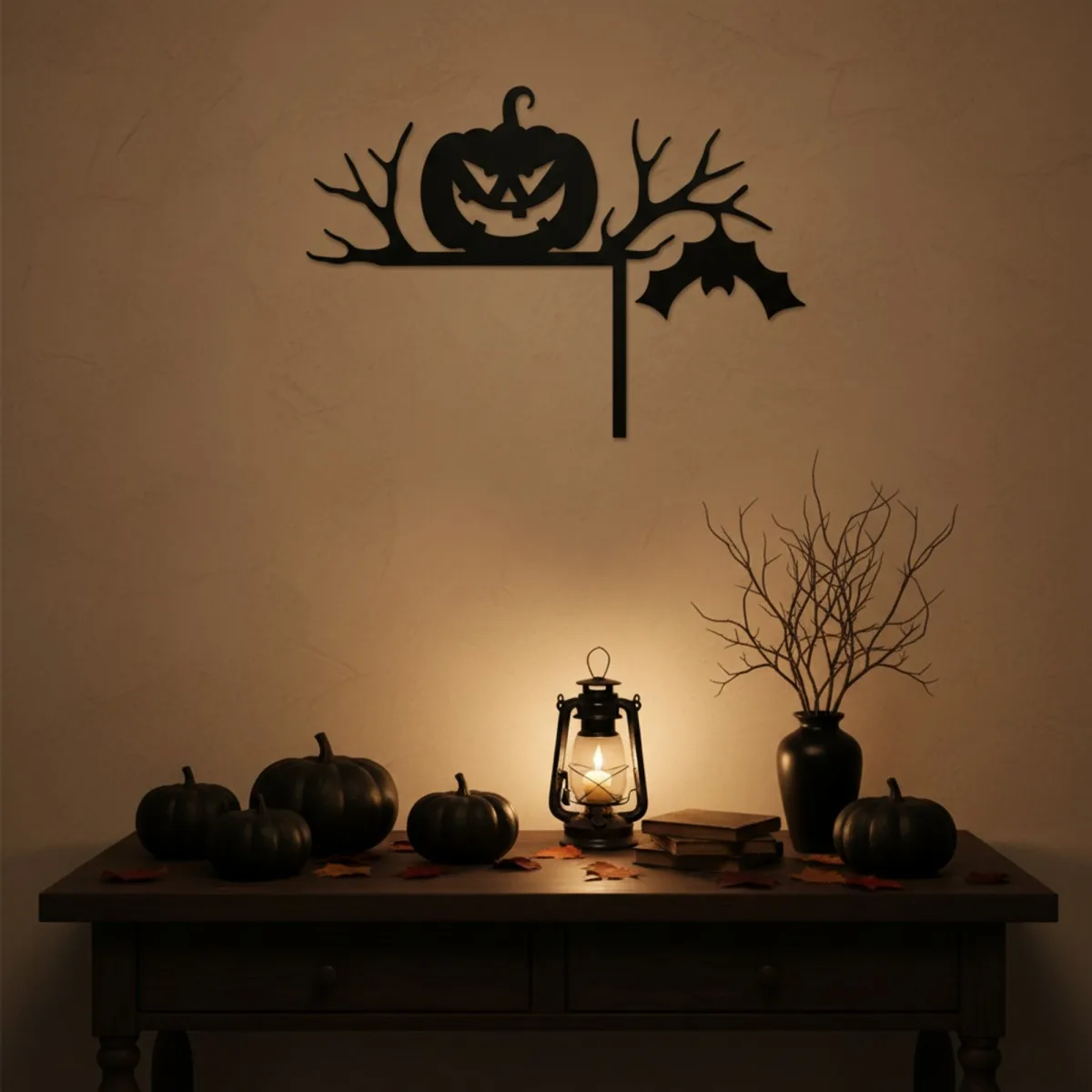 Couvre-porte citrouille d’angle – silhouette Halloween branches et chauve-souris – contreplaqué de bouleau