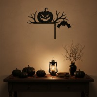 Couvre-porte citrouille d’angle – silhouette Halloween branches et chauve-souris – contreplaqué de bouleau