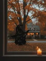 Kat in heksenhoed wanddecoratie – jack-o’-lantern op de hoed – berkenmultiplex