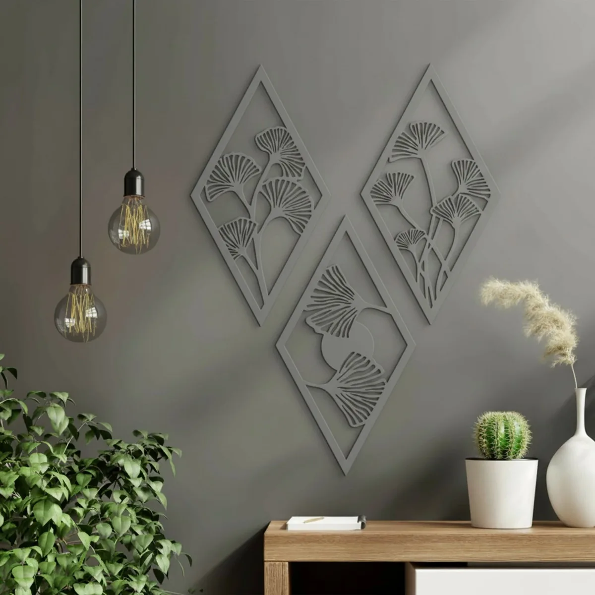 Birch Plywood Wall Decor – Ginkgo Leaf Diamond Set (3 pieces)