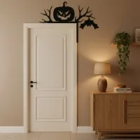 Couvre-porte citrouille d’angle – silhouette Halloween branches et chauve-souris – contreplaqué de bouleau