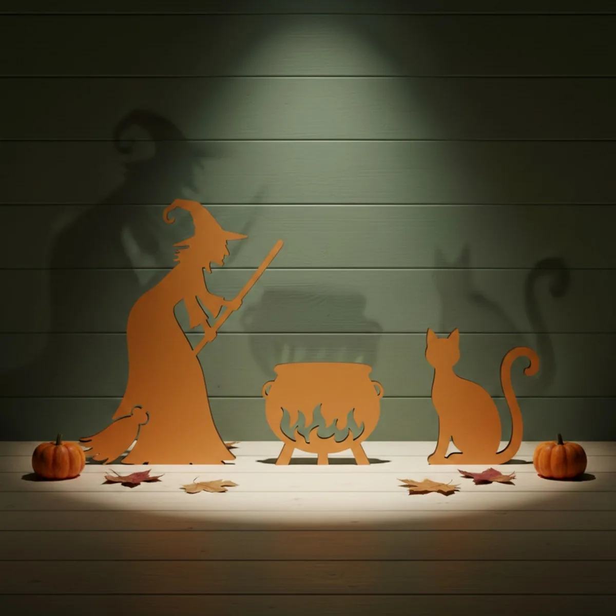 Witch with Cauldron and Cat — Halloween Wooden Silhouette Set