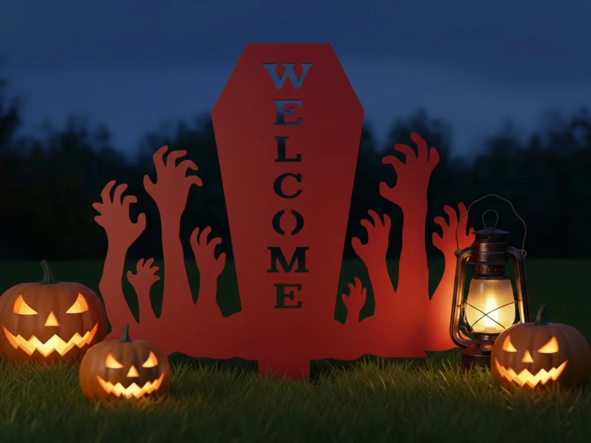Pancarte Welcome Halloween pour jardin – cercueil avec mains de zombie 60×75 cm