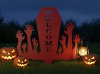 Pancarte Welcome Halloween pour jardin – cercueil avec mains de zombie 60×75 cm