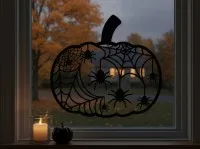 Pumpkin Spider Web Wall Art – Jack-o’-Lantern Filled with Cobwebs and Spiders – Birch Plywood
