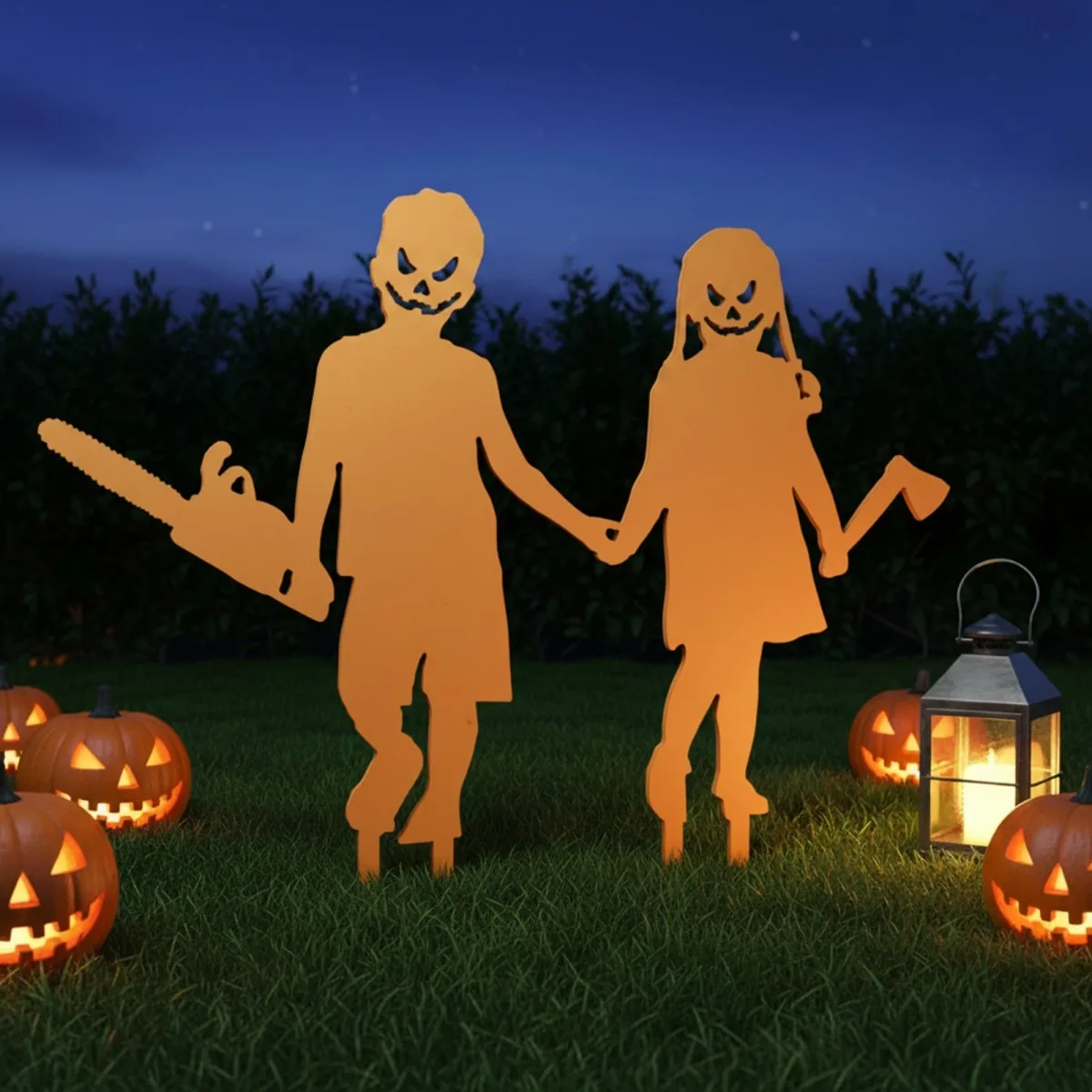 Creepy Couple Halloween Yard Stakes – Boy with Chainsaw & Girl with Axe
