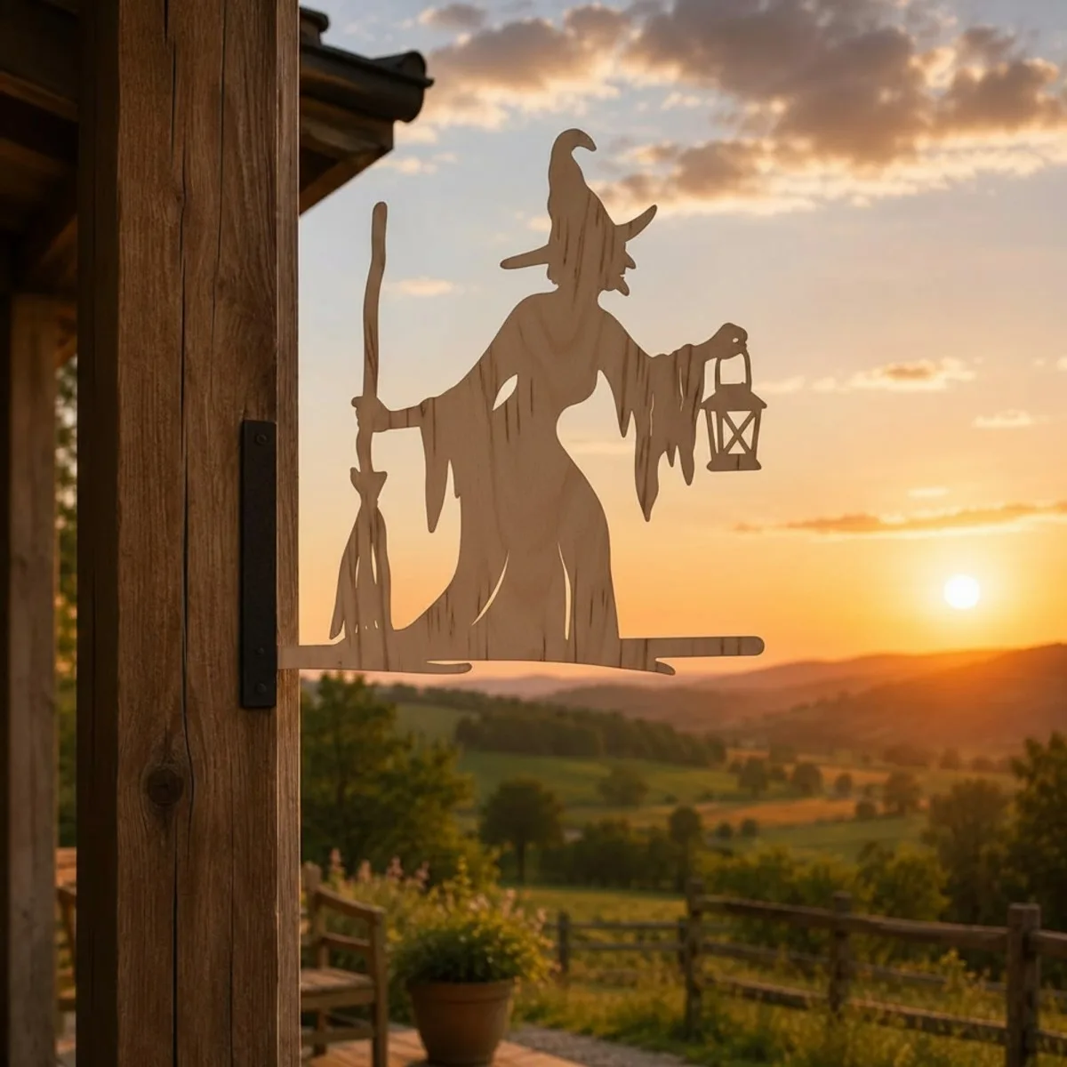 Witch with Broom & Lantern Garden Sign – Halloween Plywood Silhouette 60 cm