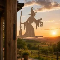 Witch with Broom & Lantern Garden Sign – Halloween Plywood Silhouette 60 cm