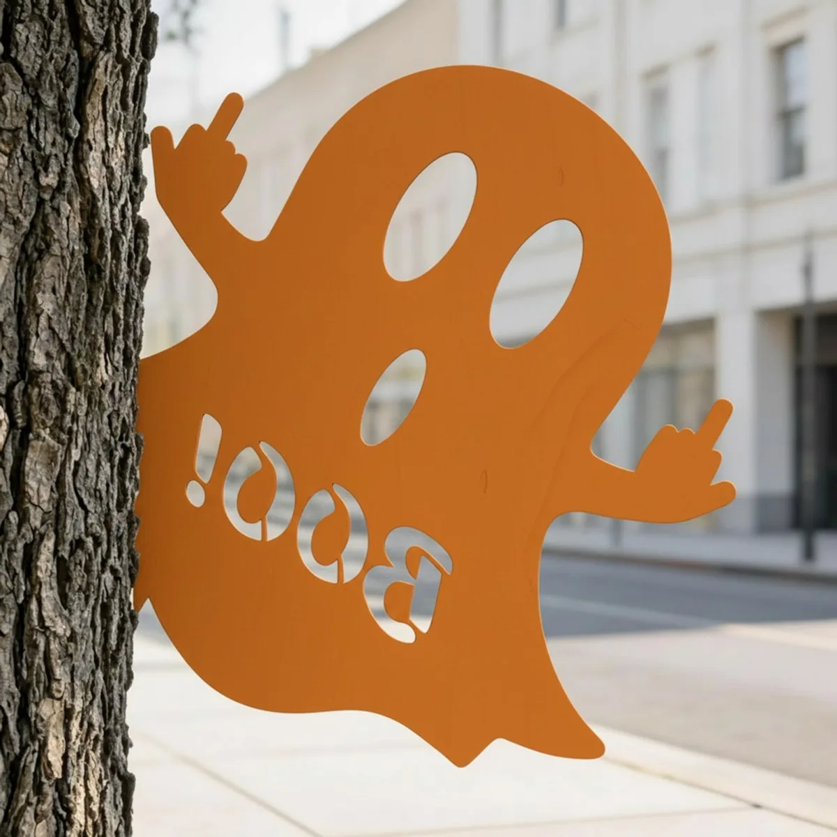 Halloween Frecher Geist Gartendeko – Lässiges BOO-Schild mit Stinkefinger 60 cm