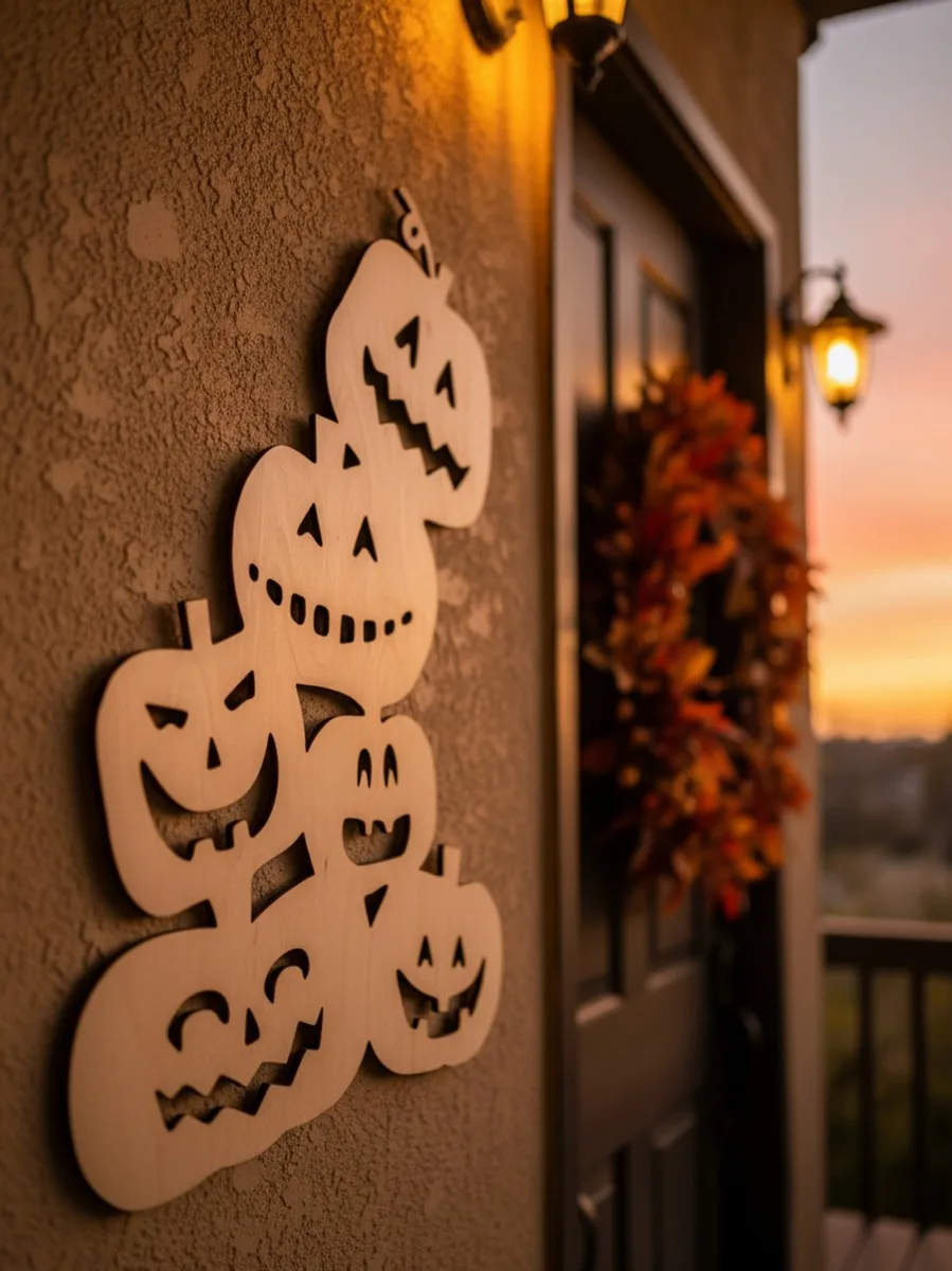 Déco murale Halloween pile de citrouilles – six citrouilles sculptées 60 cm