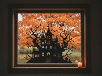 Halloween Gruselhaus Wandbild mit Geist im Torbogen – Birken-Sperrholz