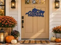 Happy Halloween bord van multiplex – Pompoen, zwarte kat & vleermuis