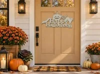 Happy Halloween bord van multiplex – Pompoen, zwarte kat & vleermuis