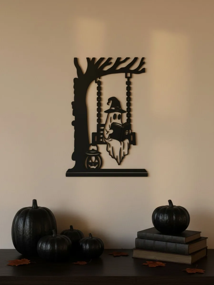 Ghost on Swing Wall Art – Halloween Ghost Reading Book on a Swing – Birch Plywood