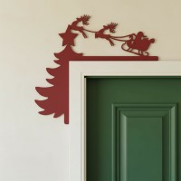 Santa Sleigh Door Topper – Birch Plywood Christmas Door Corner Decor with Tree & Reindeer