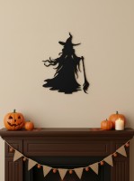 Sorcière au balai déco murale – sorcière élégante en silhouette – contreplaqué de bouleau