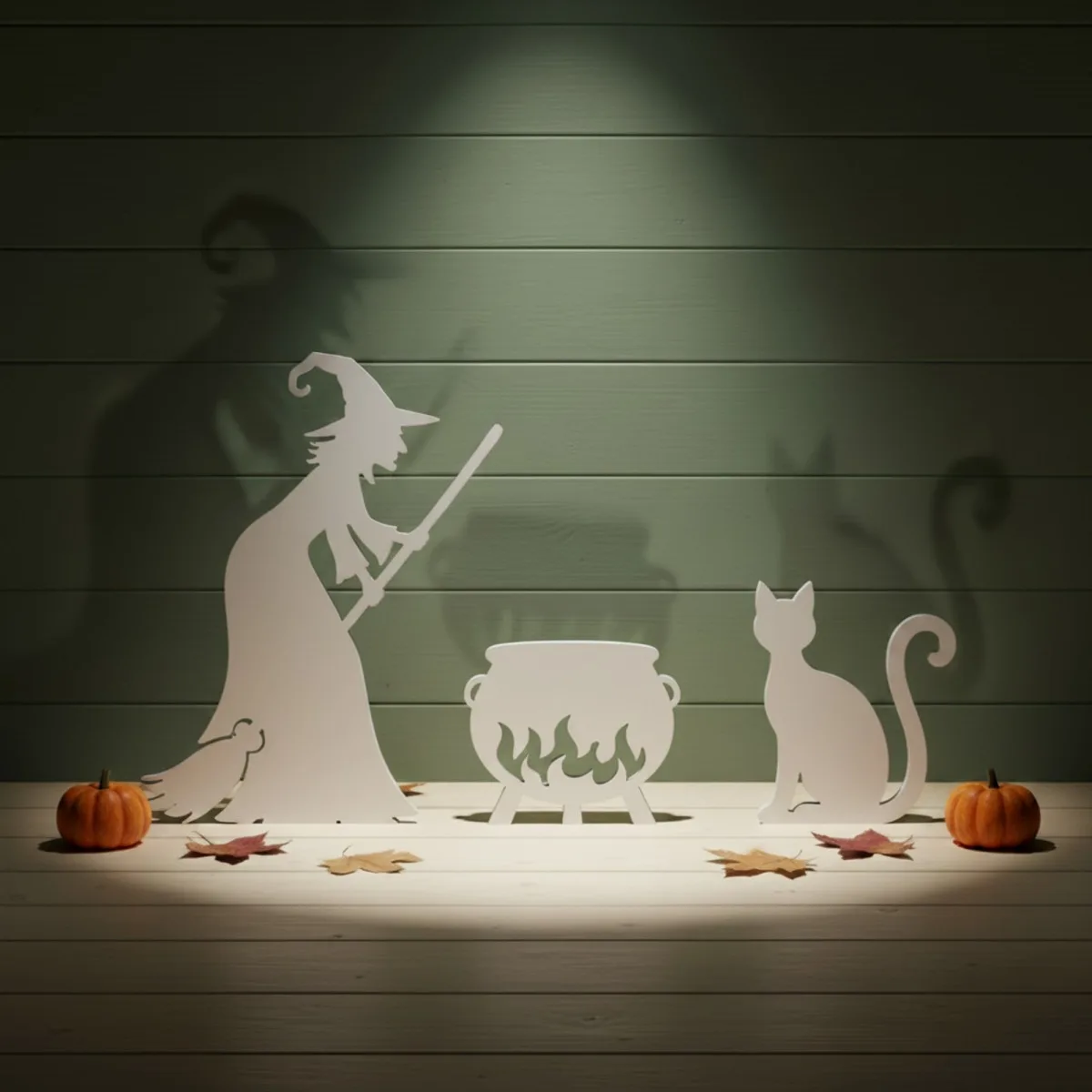 Witch with Cauldron and Cat — Halloween Wooden Silhouette Set