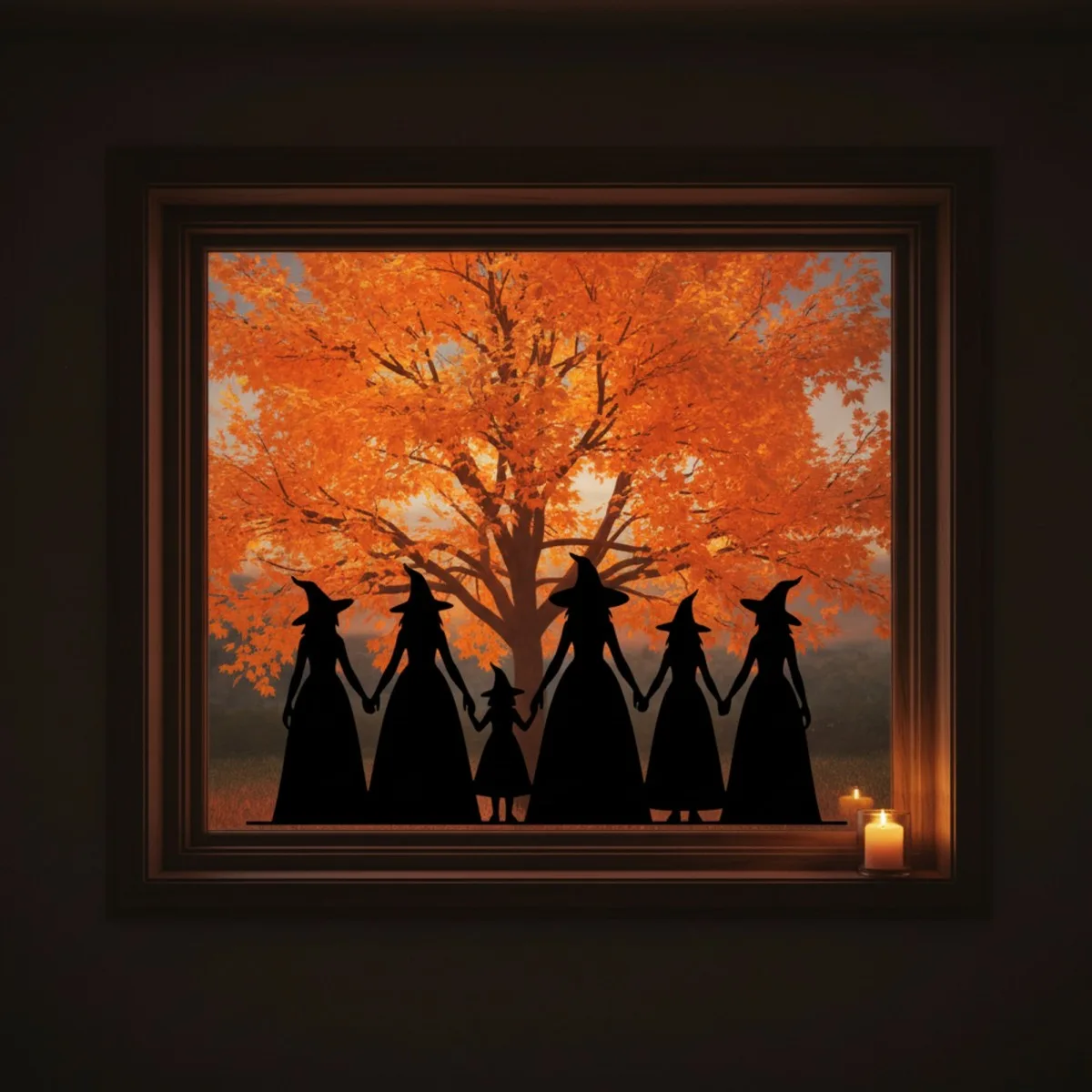 Witches Coven Wall Art – 6 Hand-Holding Halloween Witches – Birch Plywood