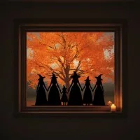 Witches Coven Wall Art – 6 Hand-Holding Halloween Witches – Birch Plywood