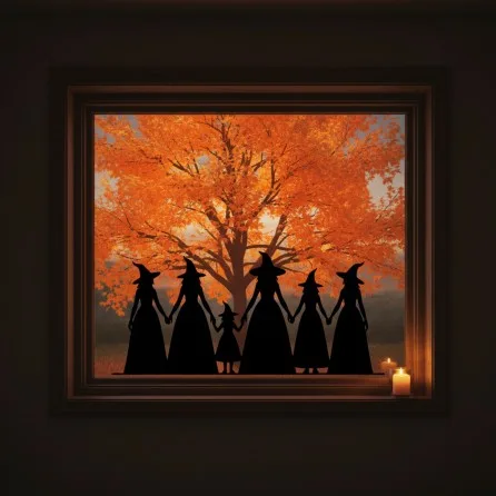 Heksen-coven wanddecoratie – 6 hand-in-hand Halloween heksen – berkenmultiplex