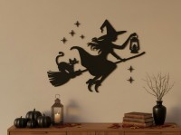 Flying Witch Wall Art – Laser Cut Birch Plywood Halloween Silhouette with Cat