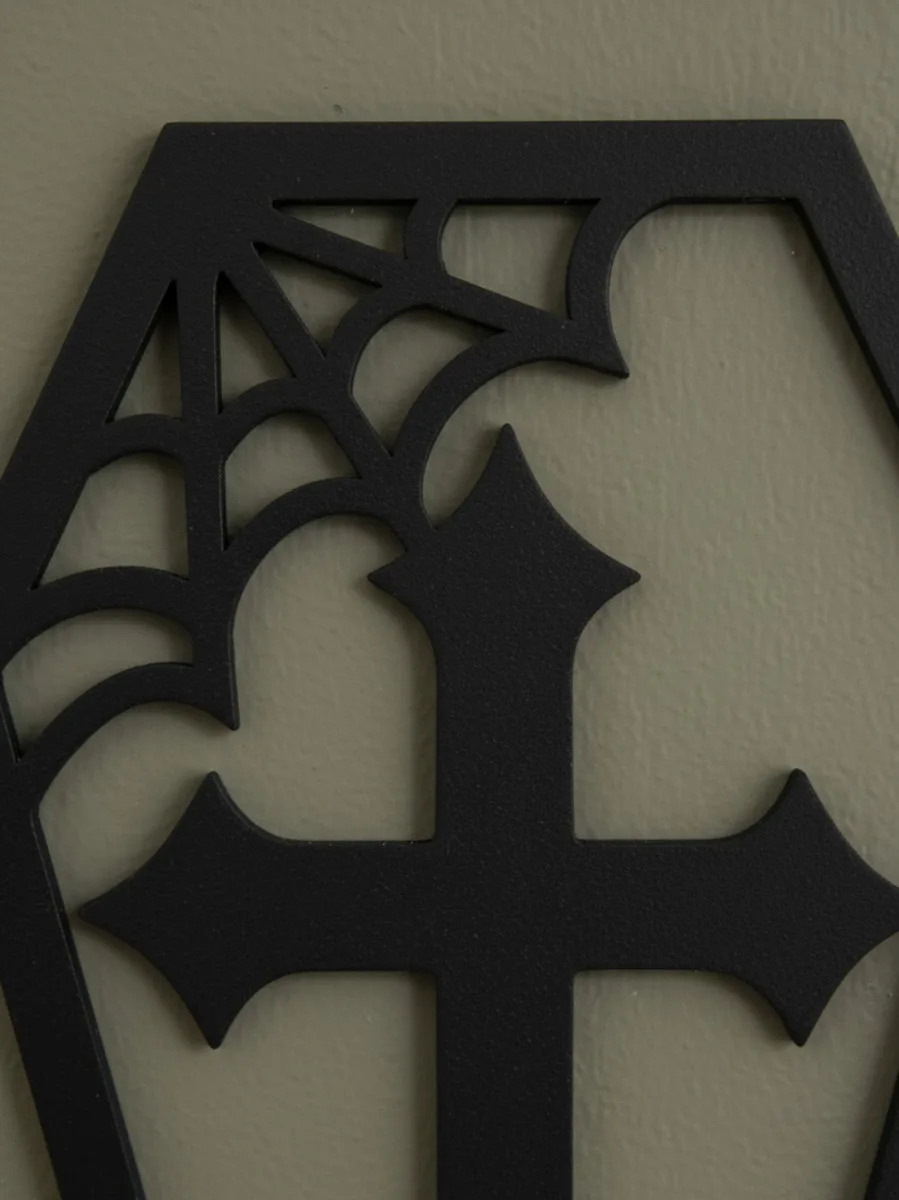 Coffin Wall Decor – Cross & Spider Web – Birch Plywood 30x45 cm