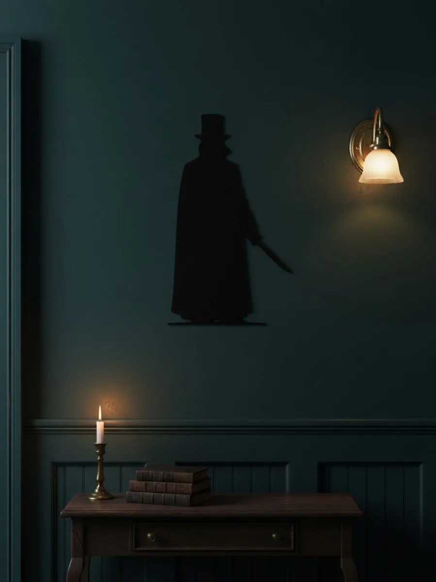 Décoration murale Jack l'Éventreur – Silhouette victorienne avec haut-de-forme et couteau – Bouleau